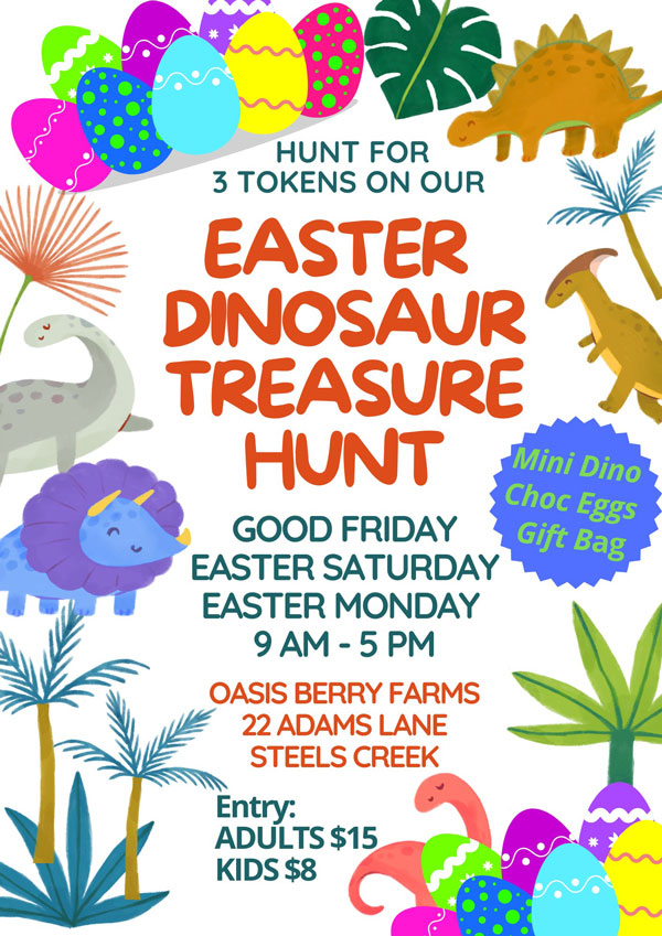 Colourful flyer about our Easter Dinosaur Egg Hunt